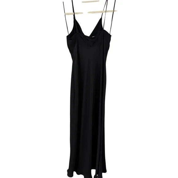 ZARA Satin Slip Dress Black Midi Lingerie Style Side Slit Button Detail Size S - Picture 8 of 9